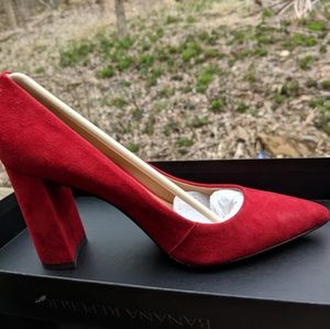 Red suede block heel pointy toe shoes